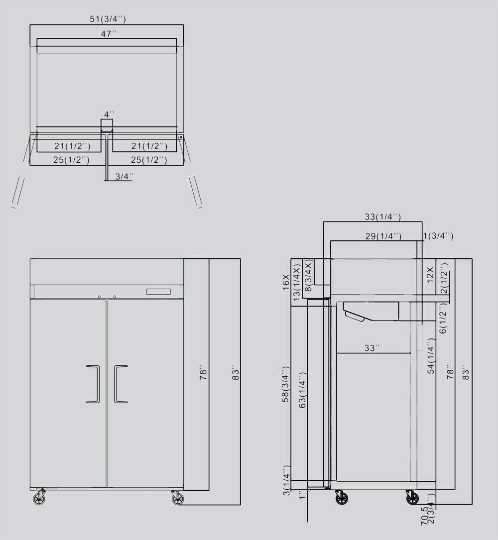 52" Double 2 Door Side By Side Stainless Steel Reach in Commercial Refrigerator, 49 Cubic Feet, for Restaurant
