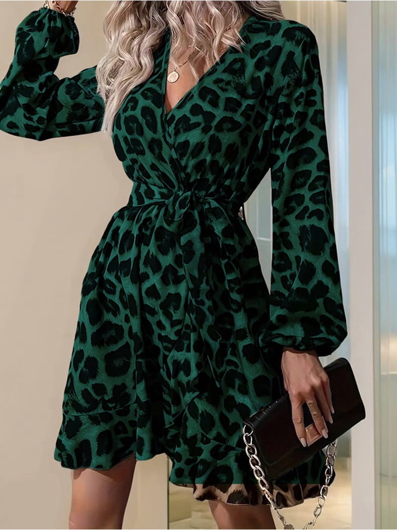 Leopard Glitter Dress Cheetah Ruffle Belted V Neck A Line Long Sleeve  Elegant Casual Dress Dark Green M - Walmart.com