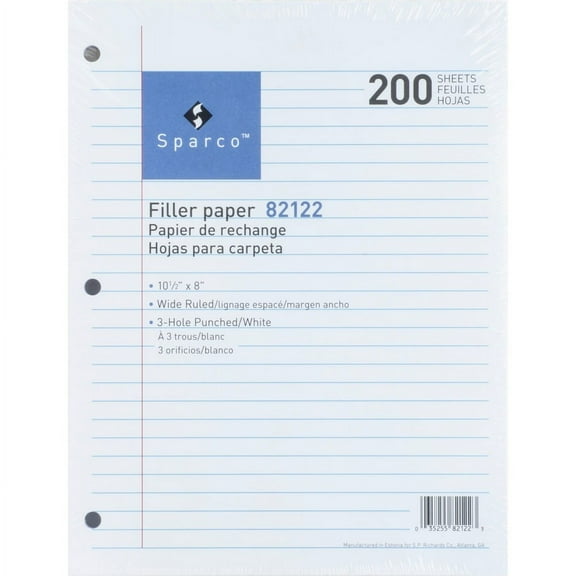 Sparco Standard White 3HP Filler Paper - 200 Sheets - Wide Ruled - Ruled Red Margin - 16 lb Basis Weight - 8" x 10 1/2" - White Paper - Bleed-free - 200 / Pack | Bundle of 5 Packs