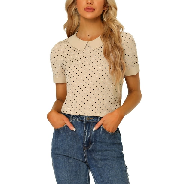 INSPIRAR CHIC Blusas de Manga Corta con Cuello Peter Pan en Contraste y Lunares 3XL Beige Oscuro