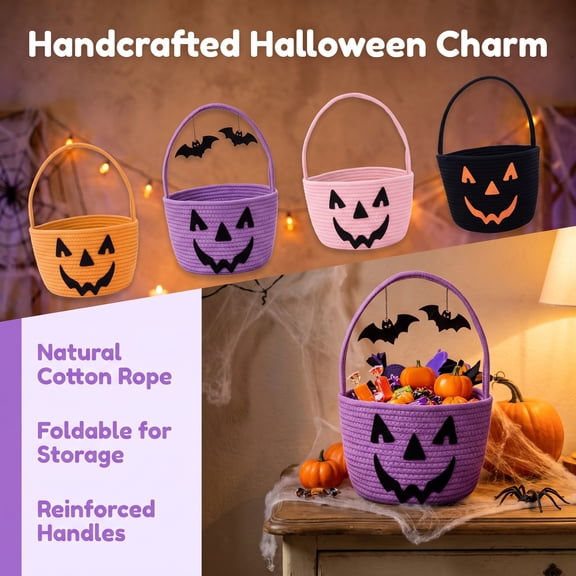 Halloween Basket Ghost Face Storage Basket with Spider and Bat Prints, Durable Polyester Candy Tote, Ideal for Holiday Decor and Everyday Use by OVFUIZ