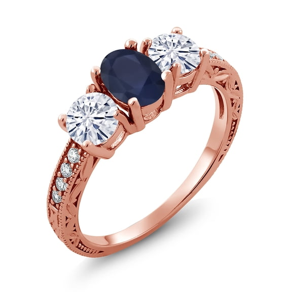 Gem Stone King 18K Rose Gold Plated Silver 3-Stone Ring Sapphire Moissanite(2.12 Cttw) (Size 6)