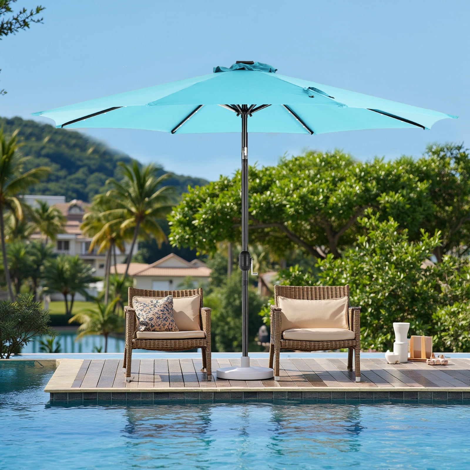 Betcozy Patio Umbrella with 32 LED Lights, 10FT Outdoor Solar Umbrellas with Push Button Tilt and Crank, 8 ribs, for Market, Beach, Pool,Garden, Deck, Blue