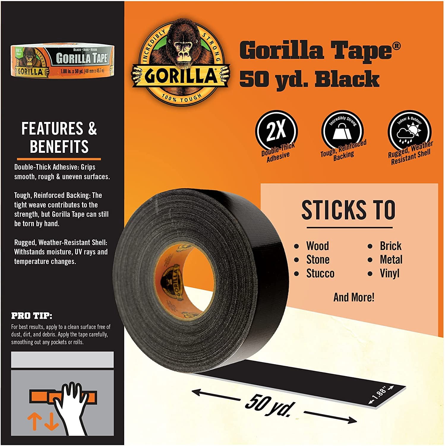 Gorilla Duct Tape 108084DF6 - 1.88 In x 50 Yds, Black - 6 Pack