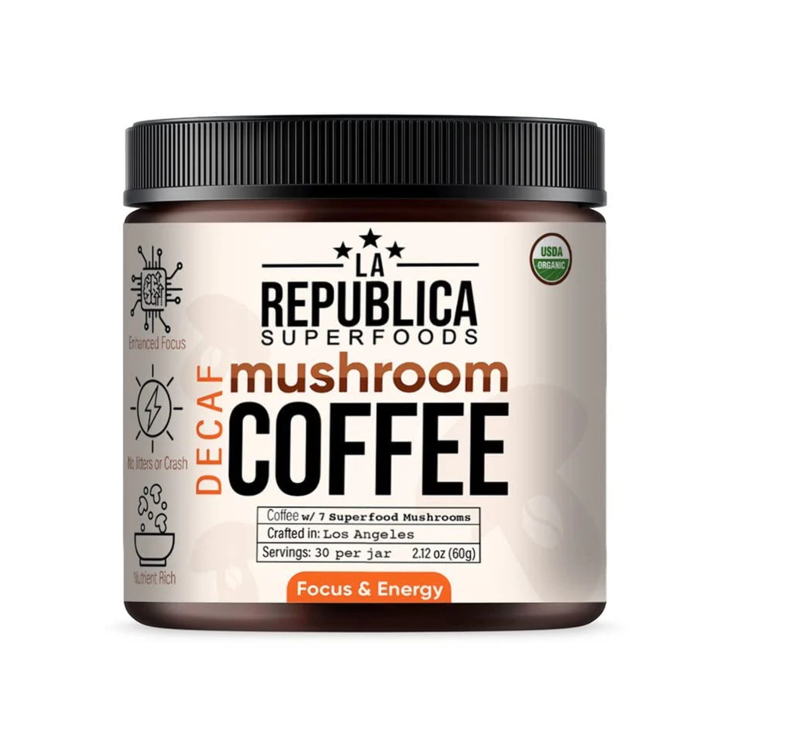 La Republica Organic Decaf Mushroom Coffee, 7 Superfood Shrooms, Instant Decaf, 3.5oz (35 Servings)