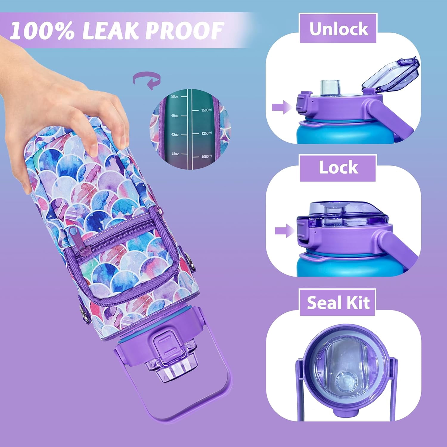 64 oz Water Bottle with Straw Sleeve & Strap Motivational BPA Free Half Gallon Water Jug with Handle for Gym Women Men Aesthetic Water Bottle with Strap Mermaid