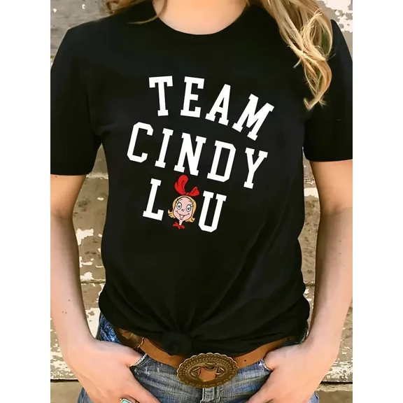 Cartoon Team Cindy Lou Print Casual Crew Neck T-Shirt, for Men & Women, up to Size 5XL