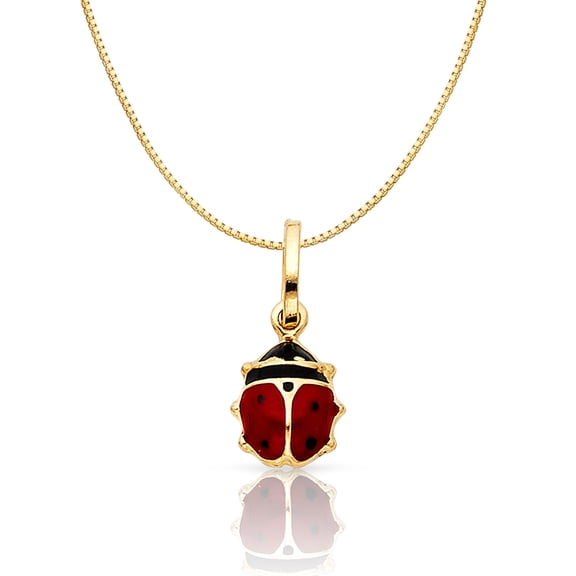 14K Yellow Gold Lady Bug Colored Enamel Lucky Charm Pendant with 0.6mm Box Chain Necklace - 24"