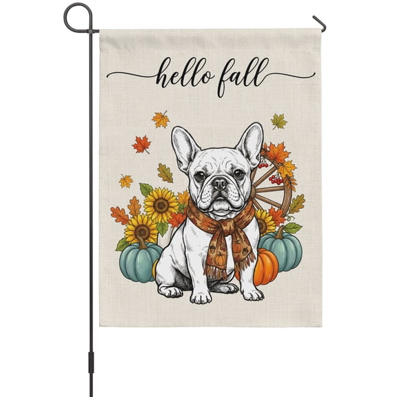 Hello Fall Dog Garden Flag 12 x 18 Inches, Vintage Country Pumpkins Sunflower Berry Wooden Wheel Weather Proof Outdoor Patio Flags Double Sided Small Garden Decoration for Yard Outside Home