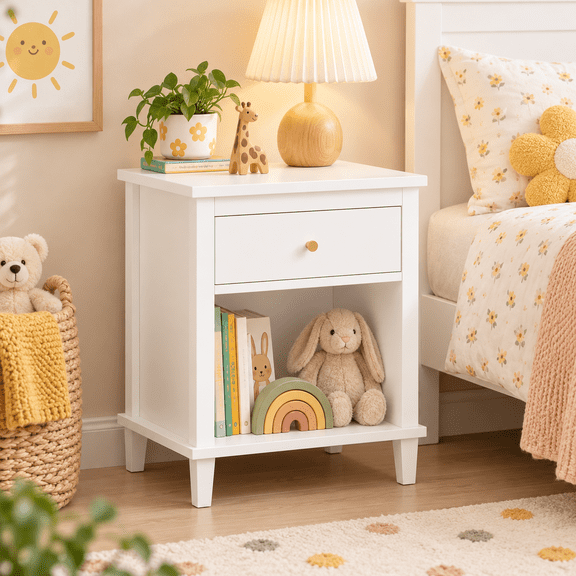 26.77''H Wooden Nightstand with One Drawer One Shelf for Kids, Adults, White Golden handle