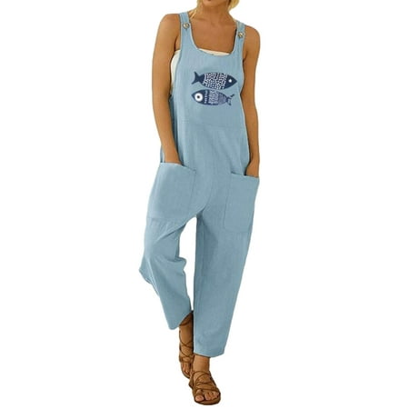 

Hirigin Women Fish Print Jumpsuit U-Neck Sleeveless Suspender Pants One-piece Overalls