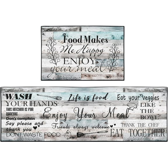 Country Rustic Farmhouse Kitchen Mat Blue Wood Rugs Set of 2 Washable Non-Slip Floor Mats Kitchen Decor for Dining Room, Floor Home, Office, Sink, Laundry