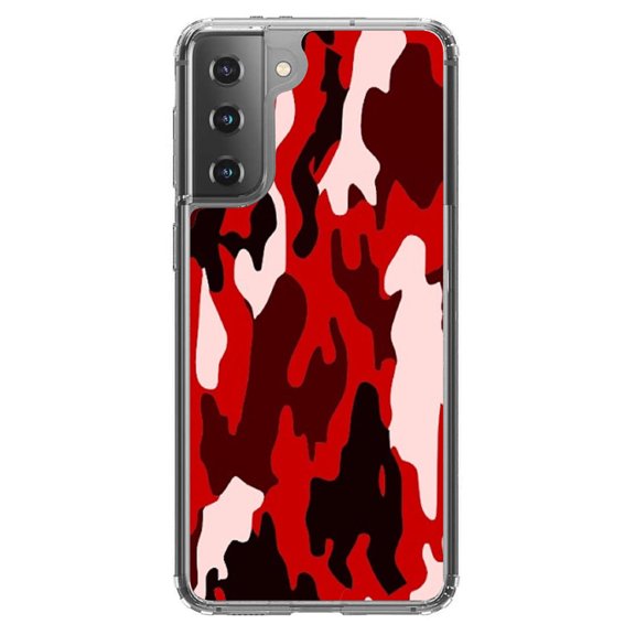 DistinctInk Clear Shockproof Hybrid Case for Galaxy S21  PLUS 5G (6.7" Screen) - TPU Bumper, Acrylic Back, Tempered Glass Screen Protector - Red Black Camouflage - Camouflage Pattern