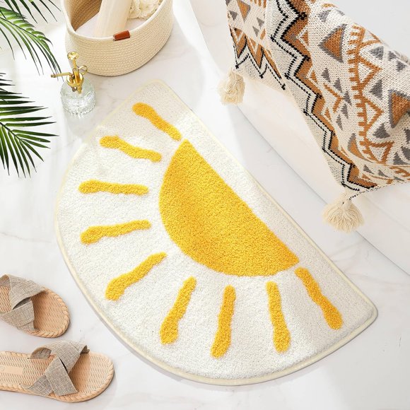HUGFEG Bathroom Rugs Mat Half Circle - Cute Sun Fun White Yellow Boho Bath Mats Non Slip, Soft Absorbent Microfiber Bohemian Rug, Semi Round Machine Washable Rubber Rugs for Floor Bedroom AZ824-11797