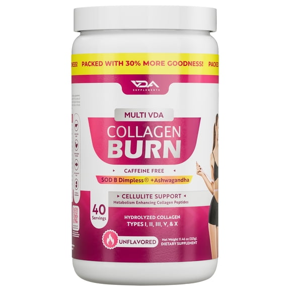 VDA Supplements Multi VDA Collagen Burn Powder - Hydrolyzed Collagen Powder for Women - Burn Ultimate Beauty with SOD B Dimpless®, 5 Types of Collagen (I, II, III, V, X), Unflavored, 40 Servings