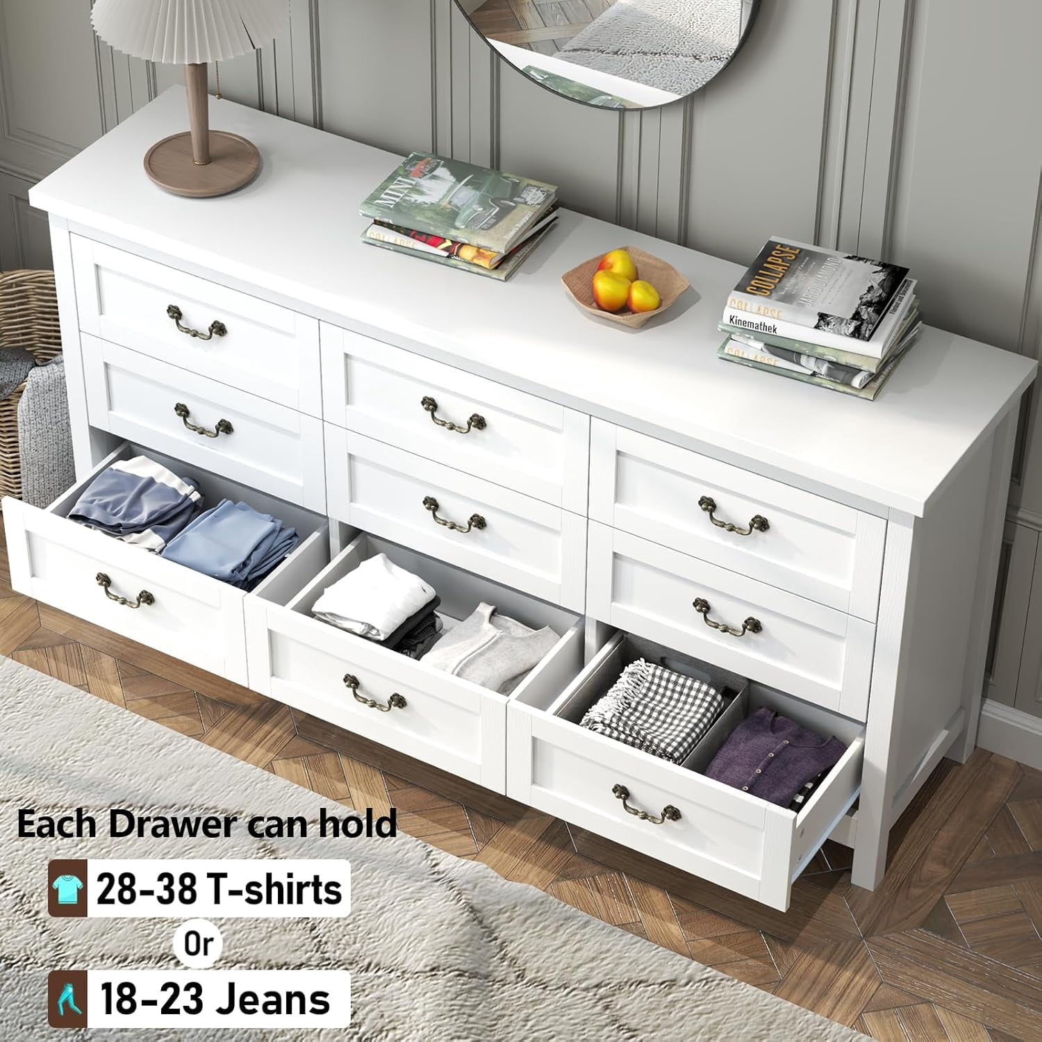 9-Drawer Triple Dresser for Bedroom, 63" TV Stand for TVs up to 75", Wide Chest of Drawers, Large Storage Long Dresser Organizer with Vintage Pull, White – STIKELY