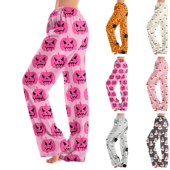 Satingcolo Womens Pajamas Cute Halloween Ghost Pumpkin Print Pajama Pants Sleep Lounge Pjs Bottoms S-2XL
