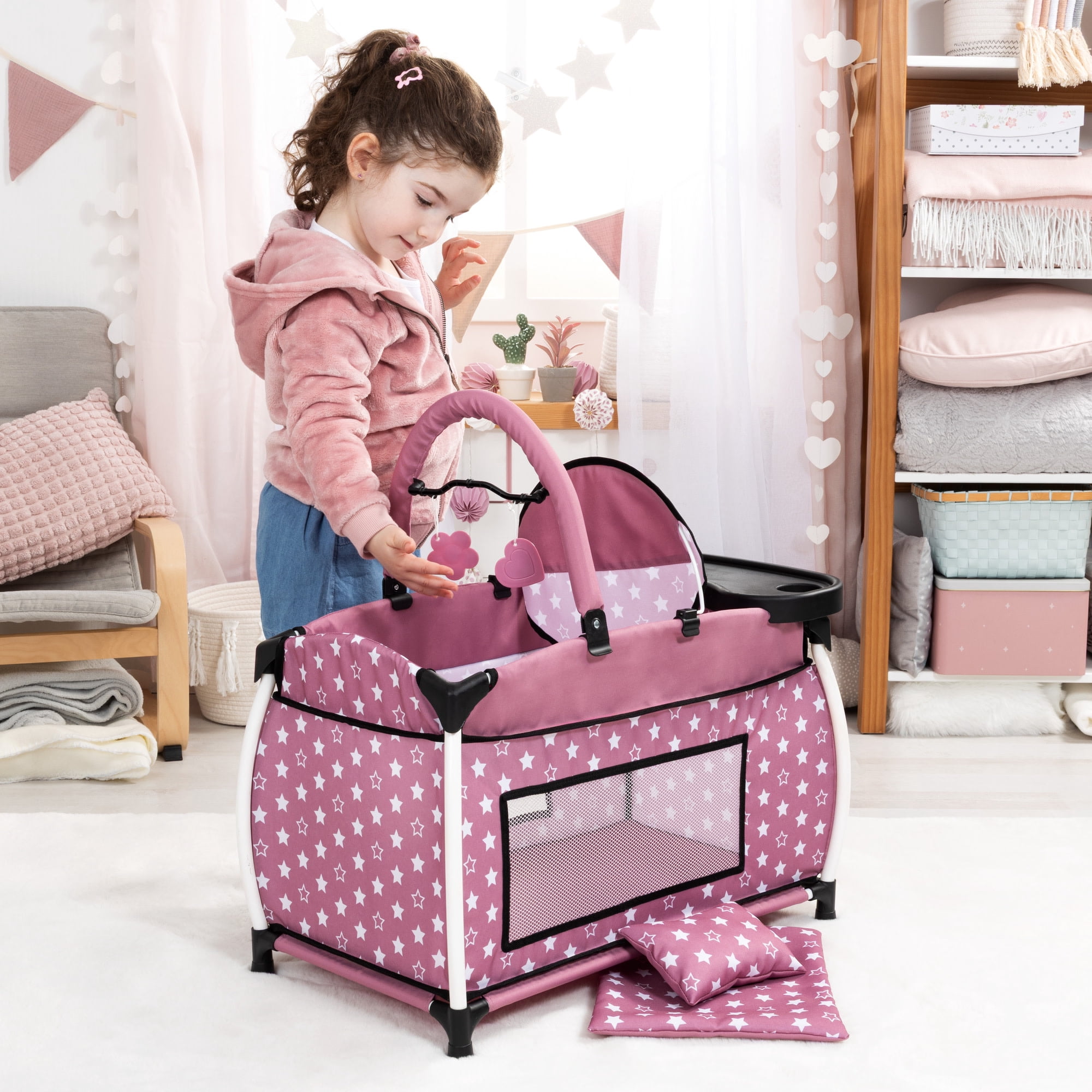 Bayer Design: Doll Multi-Bed - Pink & White Stars - Sleep Playpen, Built-In Feeding Highchair, Pillow-Blanket, Toy Care Center Fits 18" Dolls, Kids 3+