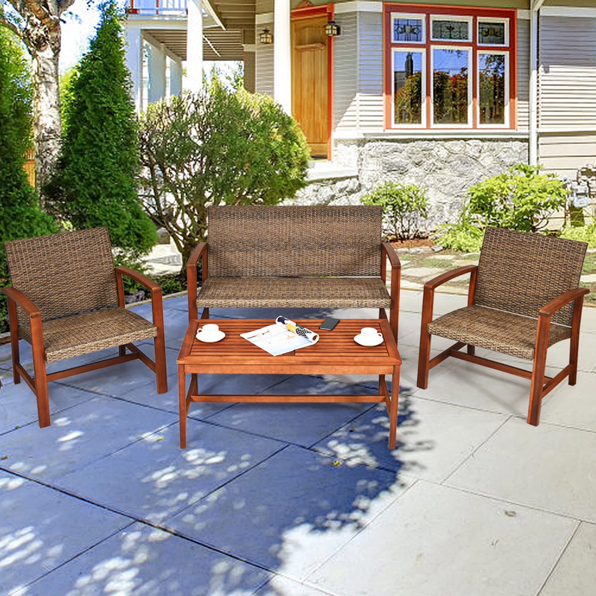 gymax 4pcs patio conversation set outdoor furniture set w/ acacia wood