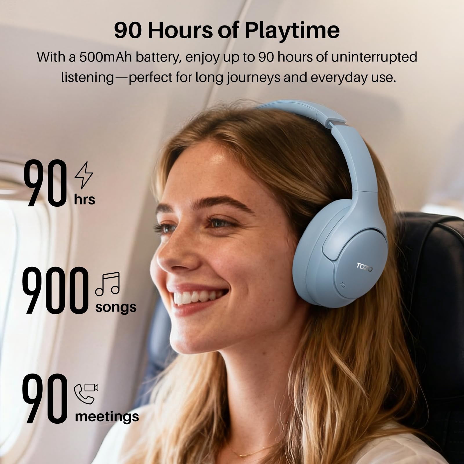 TOZO HT3 Wired/Wireless Over Ear Noise Cancel Headphone for Adults, ANC/ENC 5 Mics, 90H, Hi-Res Audio Headset, App-32EQ, Foldable/Adjustable Headband, AUX 3.5mm, Comfort Earcup for Home Sport, Blue