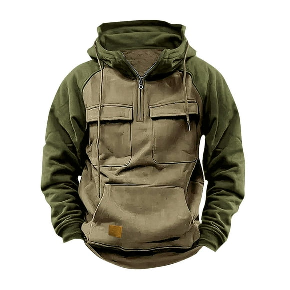 Pisexur Mens Hooded Sweatshirts Long Sleeve Zipper Hoodies for Men Fashion Drawstring Quarter Zip Cargo Hoodie Pullover Tops Casual Loose Running Workout Athletic Winter Jackets with Multi Pockets