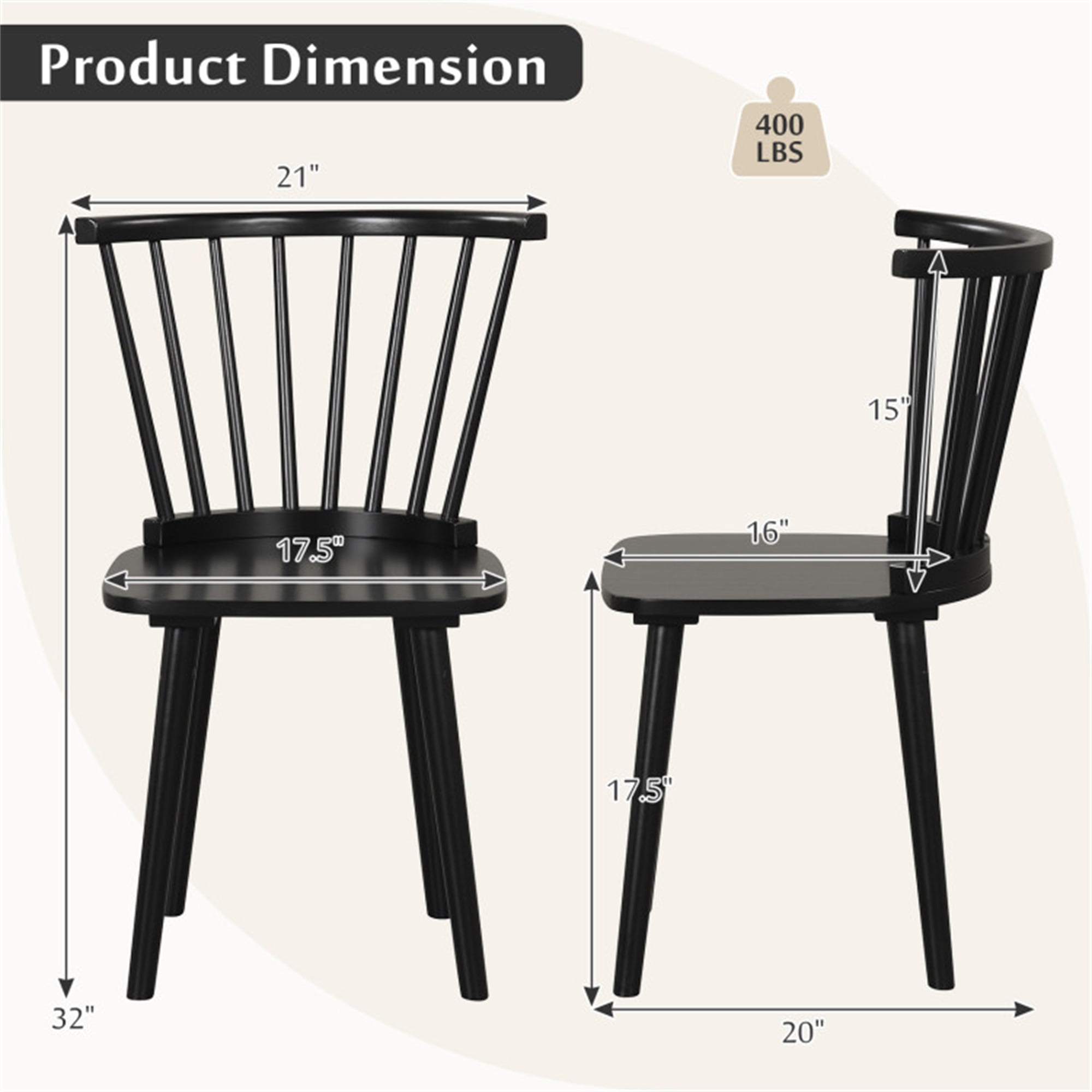 Demi Bonn Windsor Dining Chairs Set of 2 Rubber Wood Kitchen Chairs with Spindle Back, Black
