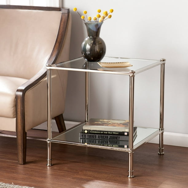Parell Glam Metal and Glass End Table, Metallic Silver by Ember