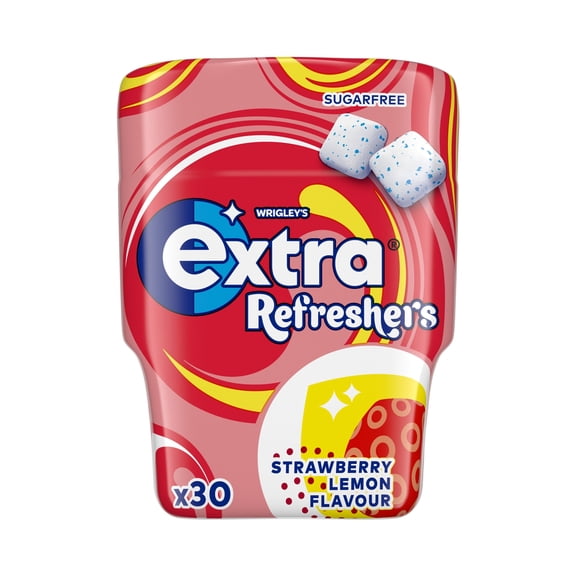 Extra Refreshers Strawberry Lemon Sugar Free Chewing Gum Bottle 30 Pieces 67G, Imported from Britain