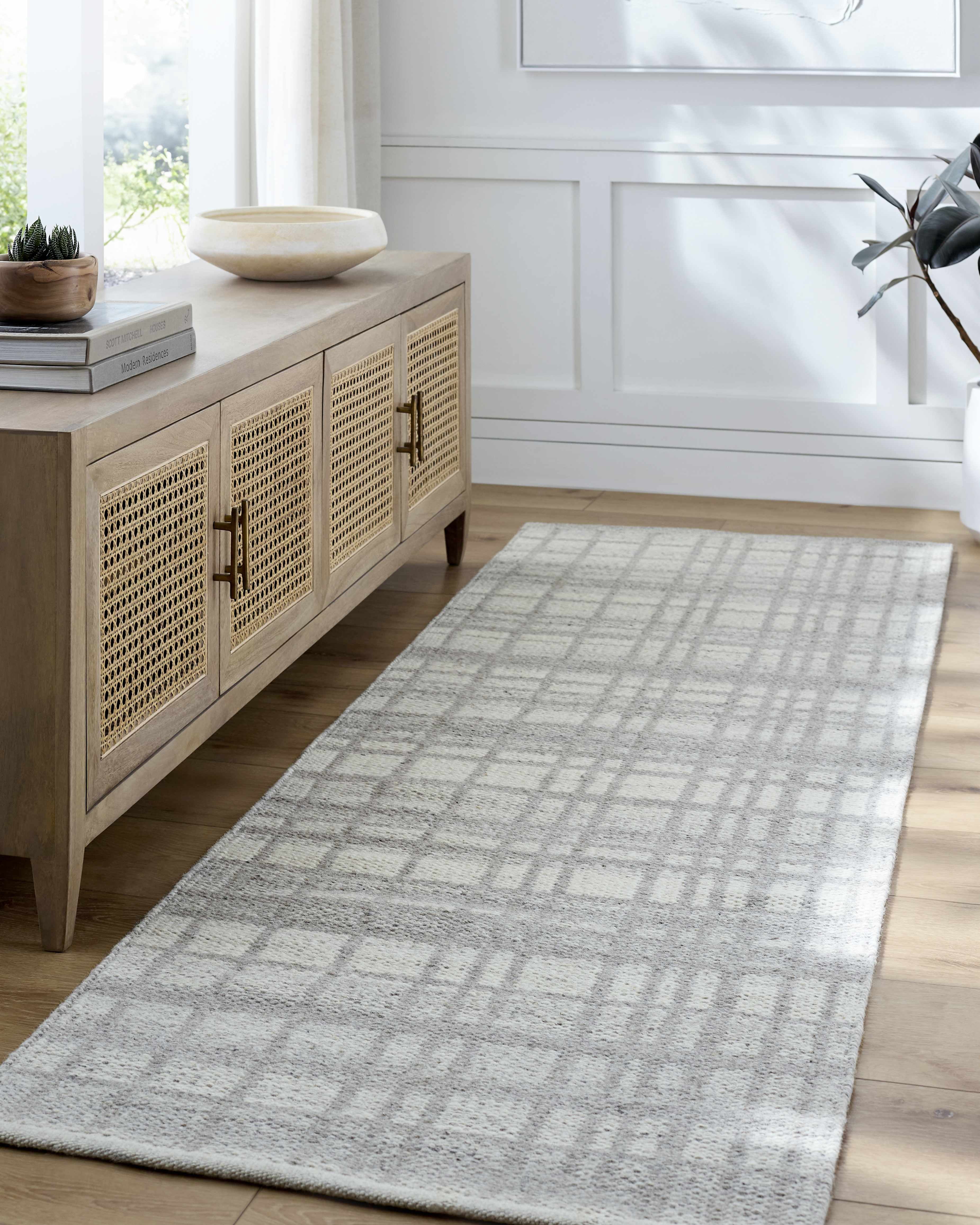 Hauteloom Nissa Wool Living Room, Bedroom Area Rug - Checkered Geometric Square Plaid - Gray, White, Off White - 2' x 3'