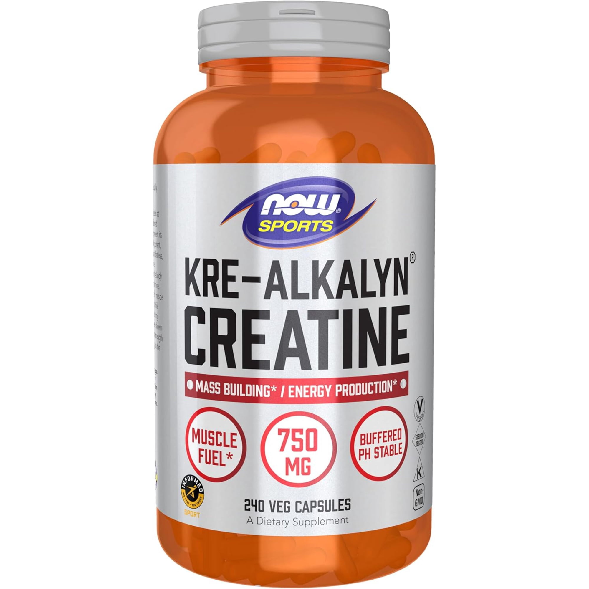 NOW Sports Nutrition, Kre-Alkalyn Creatine 750 mg, Mass Building*/Energy Production*, 240 Veg Capsules