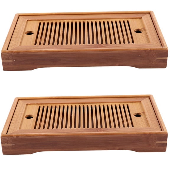 2X Bamboo Tea Trays Accessories Tray Table with Drain Rack 25X14X3.5cm Chinese Serving Set