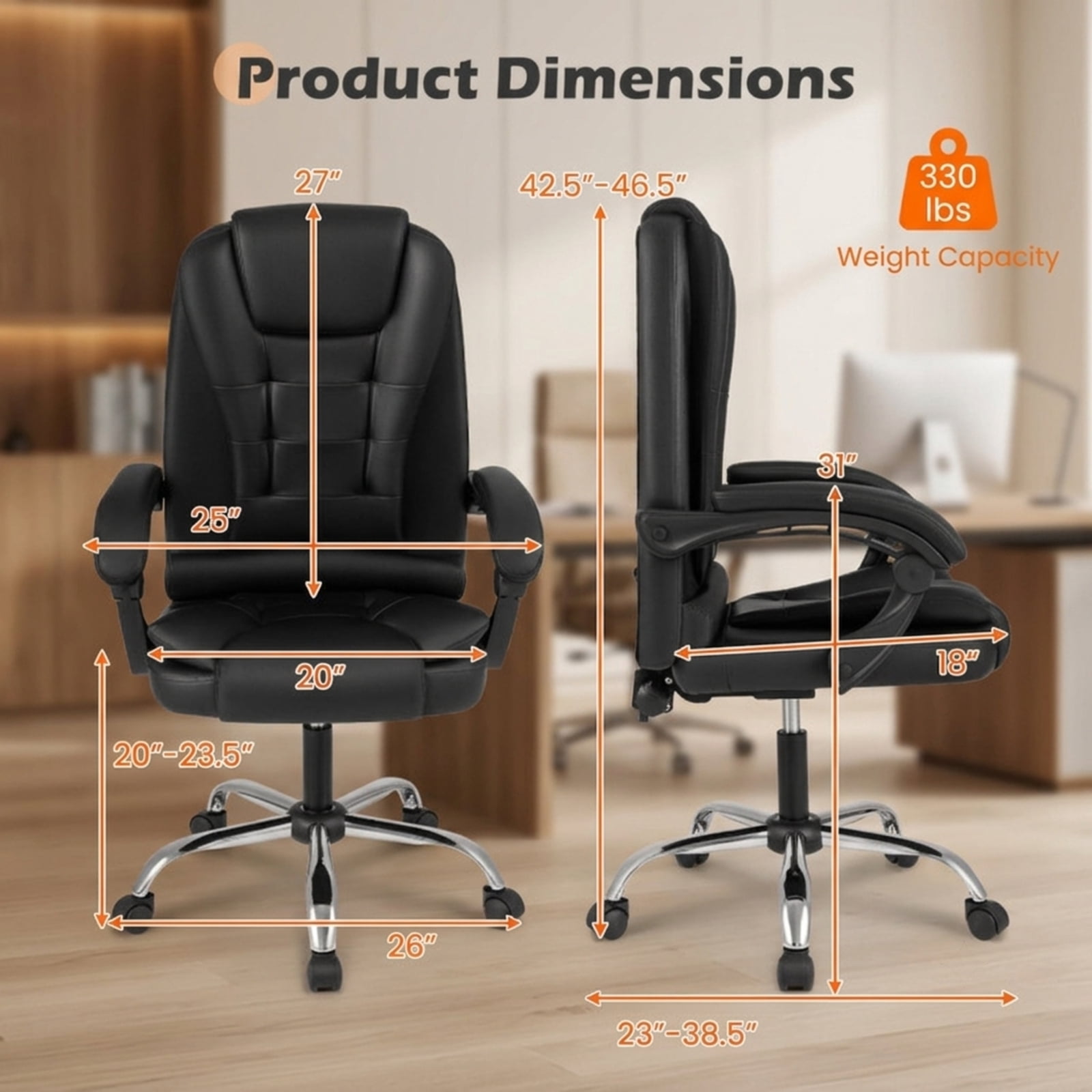 Furnibear High Back Executive Office Chair with Linkage Armrests Reclining Backrest PVC Leather Seat and Swivel Base for Home Office, Black