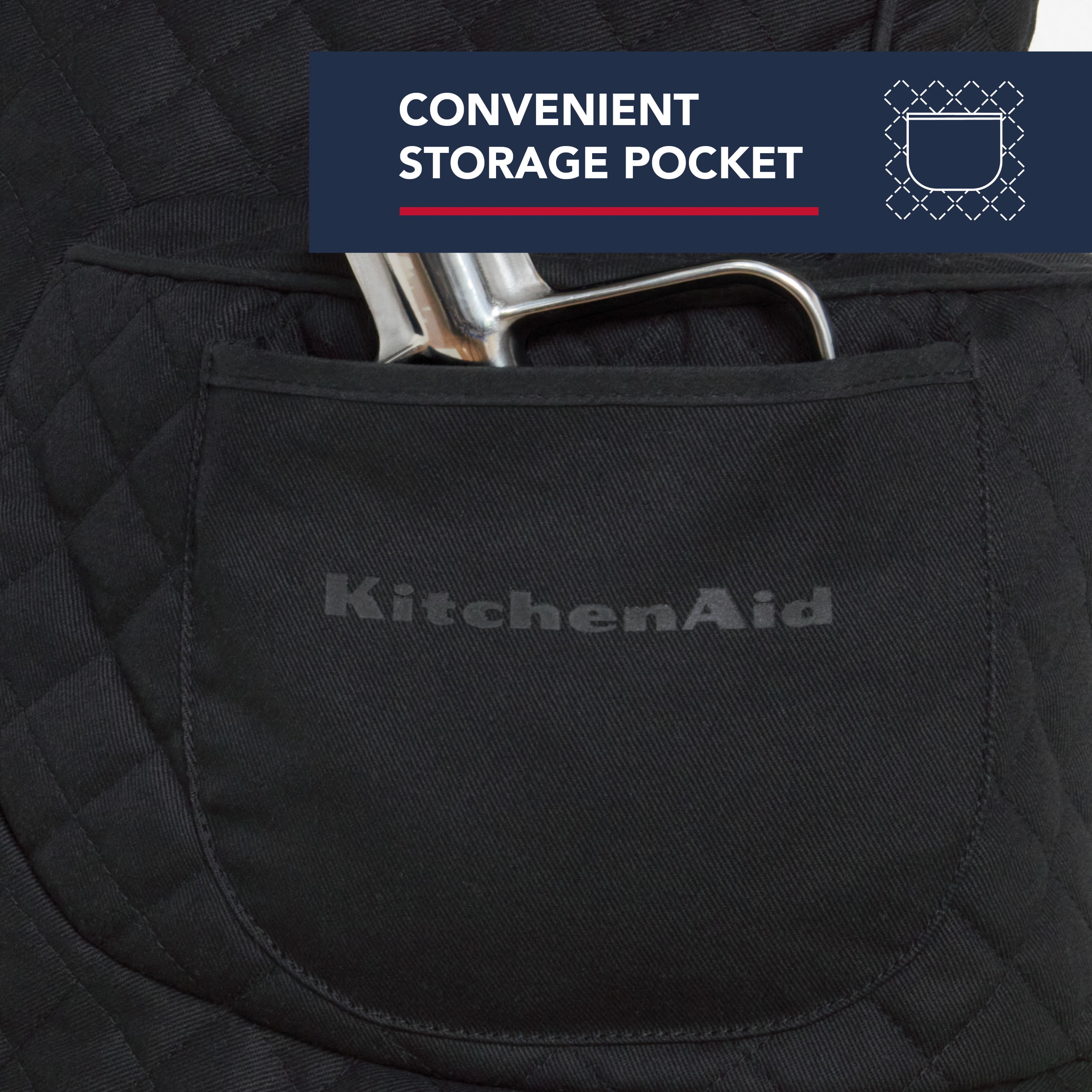 KITCHENAID Fitted Tilt-Head Solid Stand Mixer Cover with Storage Pocket, Quilted 100% Cotton, Matte Black, 14.4"x18"x10"