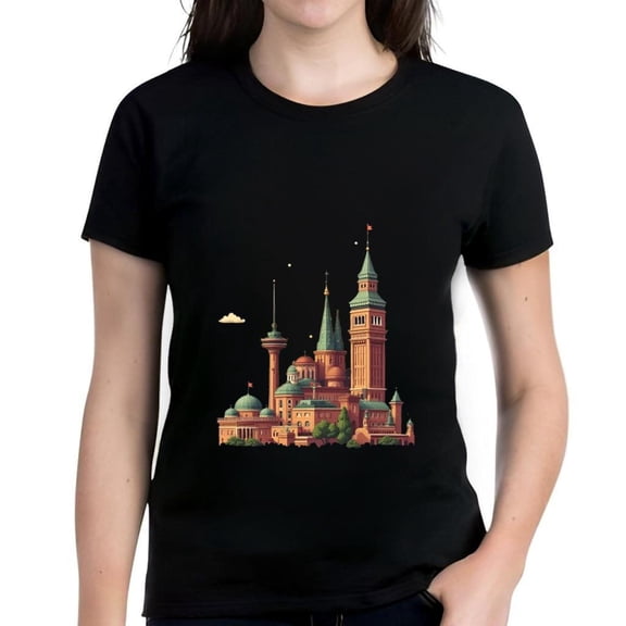 Whimsical Castle Pattern Women's Cotton Short Sleeve T-Shirt - Fantasy Design with Towers & Flags