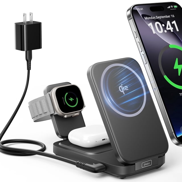 INIU Cargador Inalámbrico 3 en 1, Cargador Magnético Plegable de 15W para iPhone, Estación de Carga Inalámbrica con Certificación Qi2 para iPhone, Apple Watch, AirPods (Adaptador Incluido)