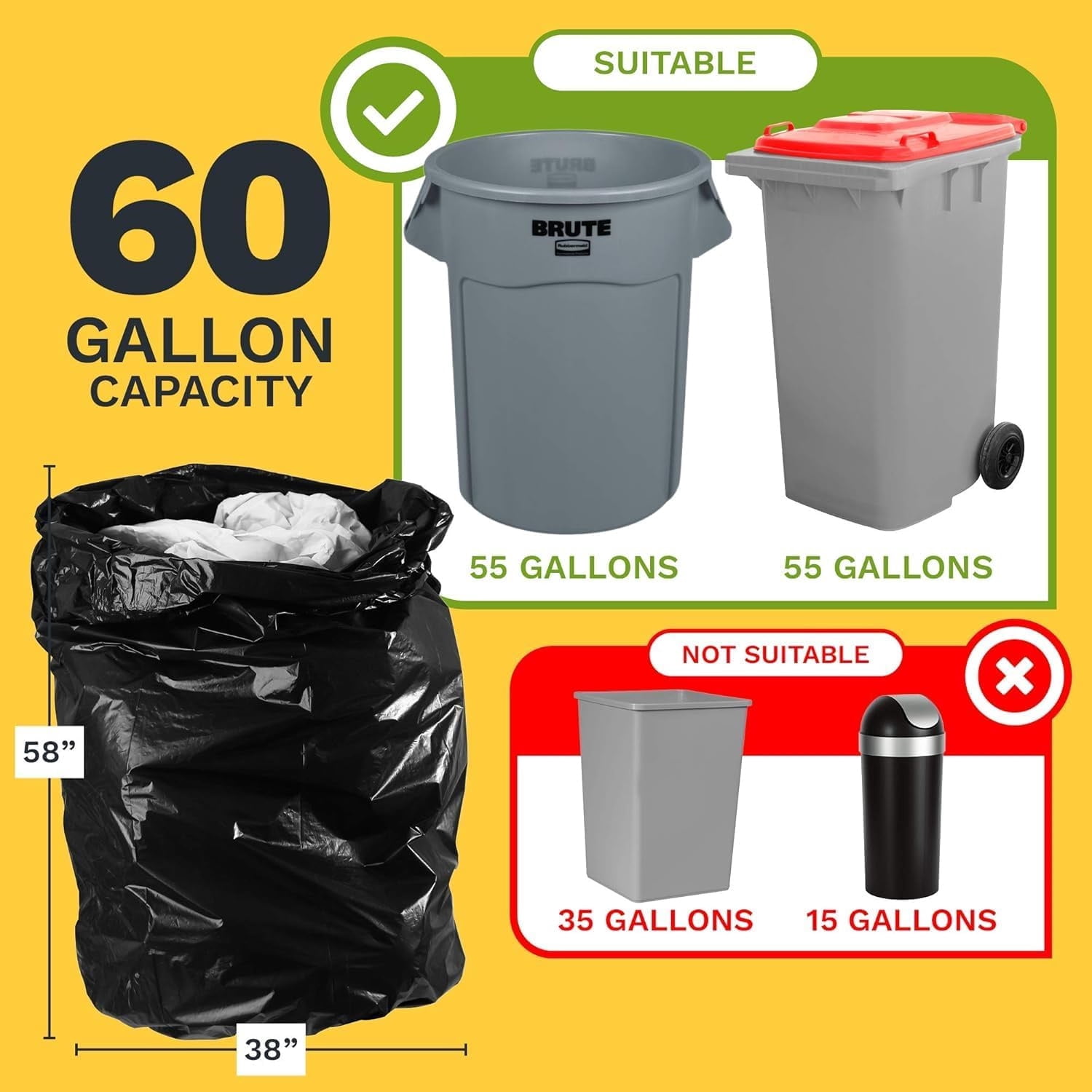 55 Gallon Trash Bags Heavy Duty (100 Count) - 50-60 Gallon Black Garbage Bags, Large Trash Bags - 38 x 58"