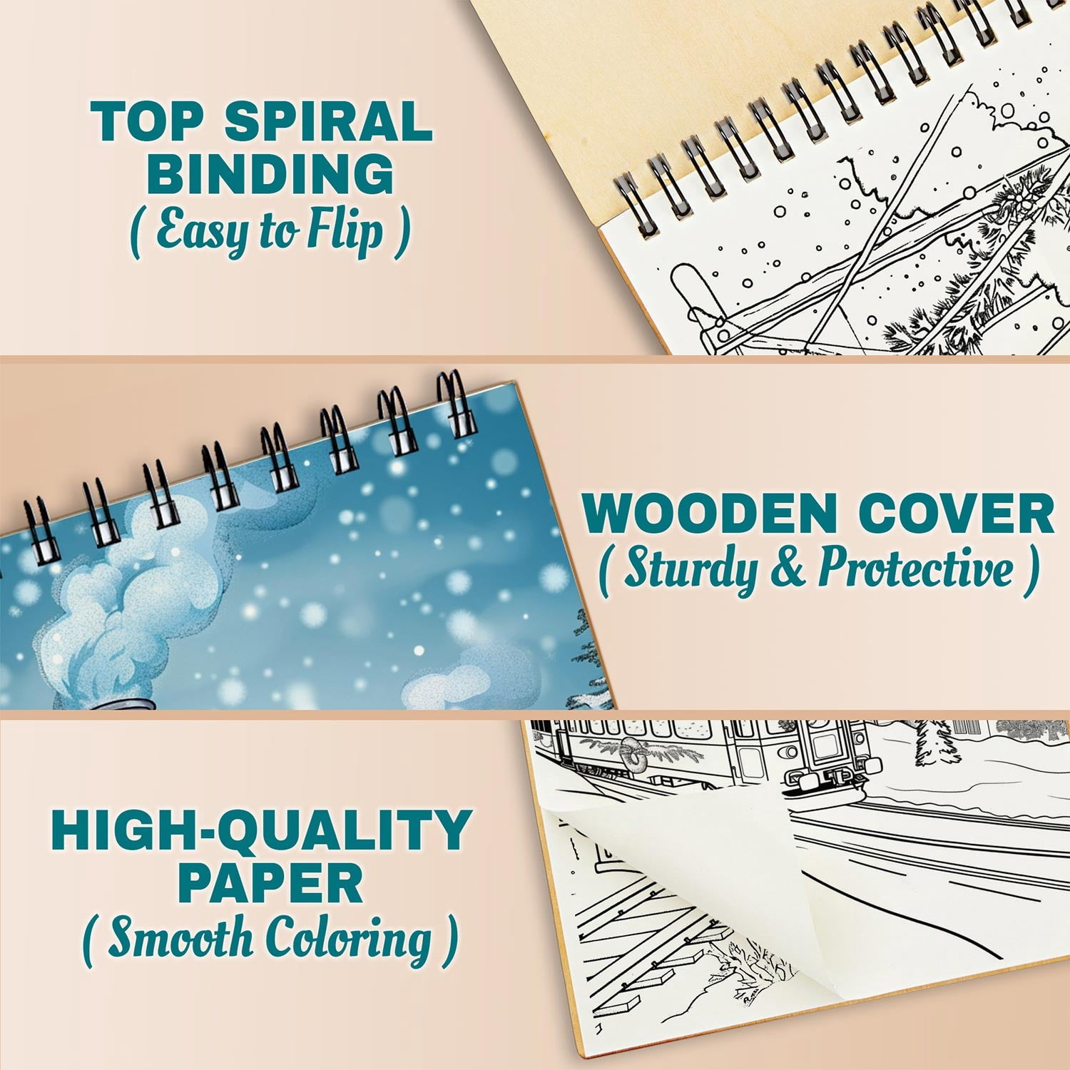Netecom Christmas Train Coloring Book Spiral Bound for Adults, A5 Wooden Cover, 30 Enchanting Coloring Pages of Magical Train to the North Pole for Stress Relief and Relaxation