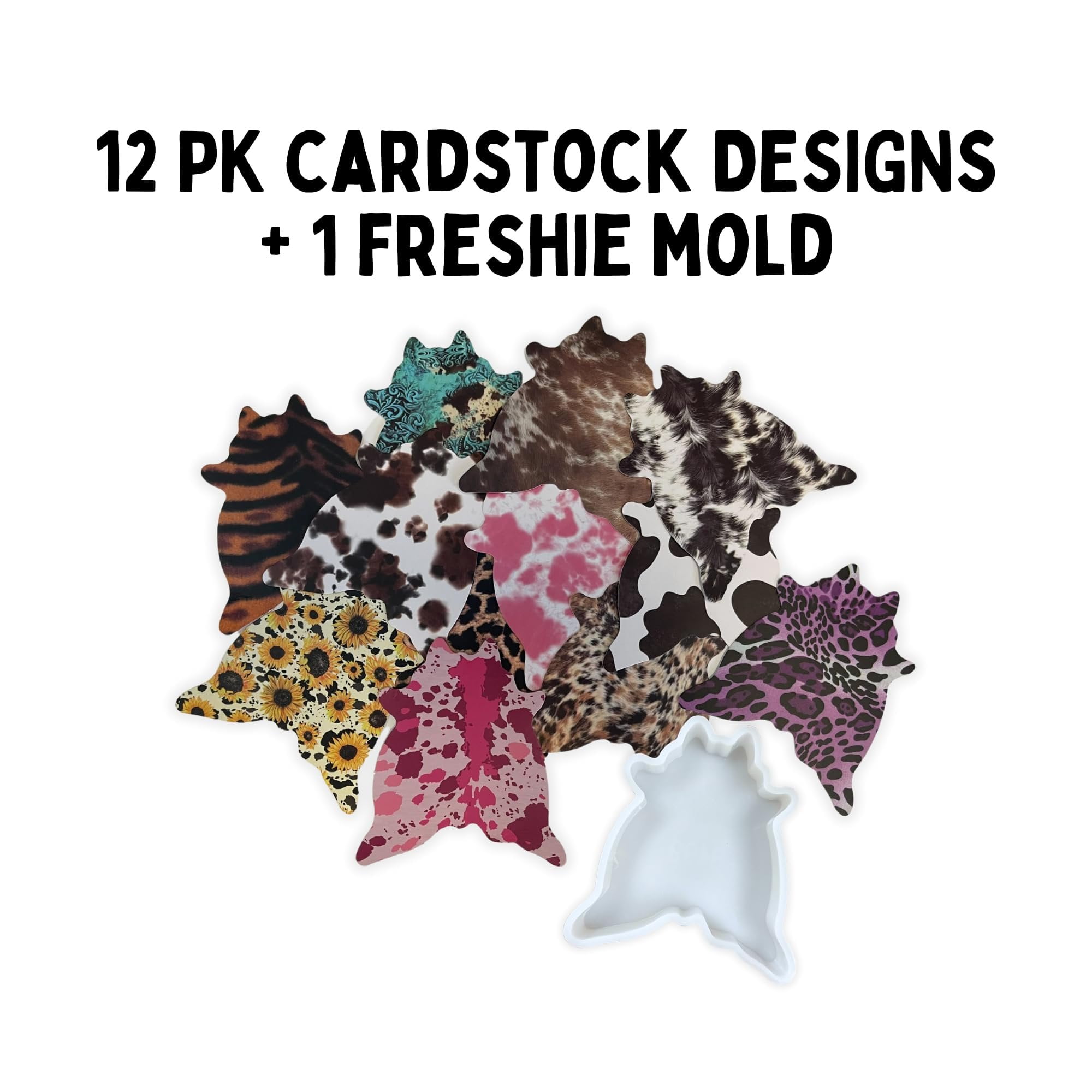 Cowhide Rug Car Freshie Cardstock Cutouts 3.3 x 3.6 inch  12 pk MIXED Designs for Leather Scented Aroma Bead Bake Oven Safe Fits Country Cow Highland Tag Silicone Mold Cardstock + Silicone Mold