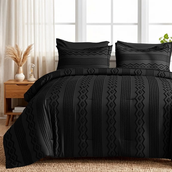 DHOLE Queen Size 7-Piece Bed in a Bag Comforter Set – Boho Tufted Shabby Chic Bedding, Ultra Soft Microfiber All-Season Vintage Farmhouse Duvet Cover Set with Pillow Shams - Black