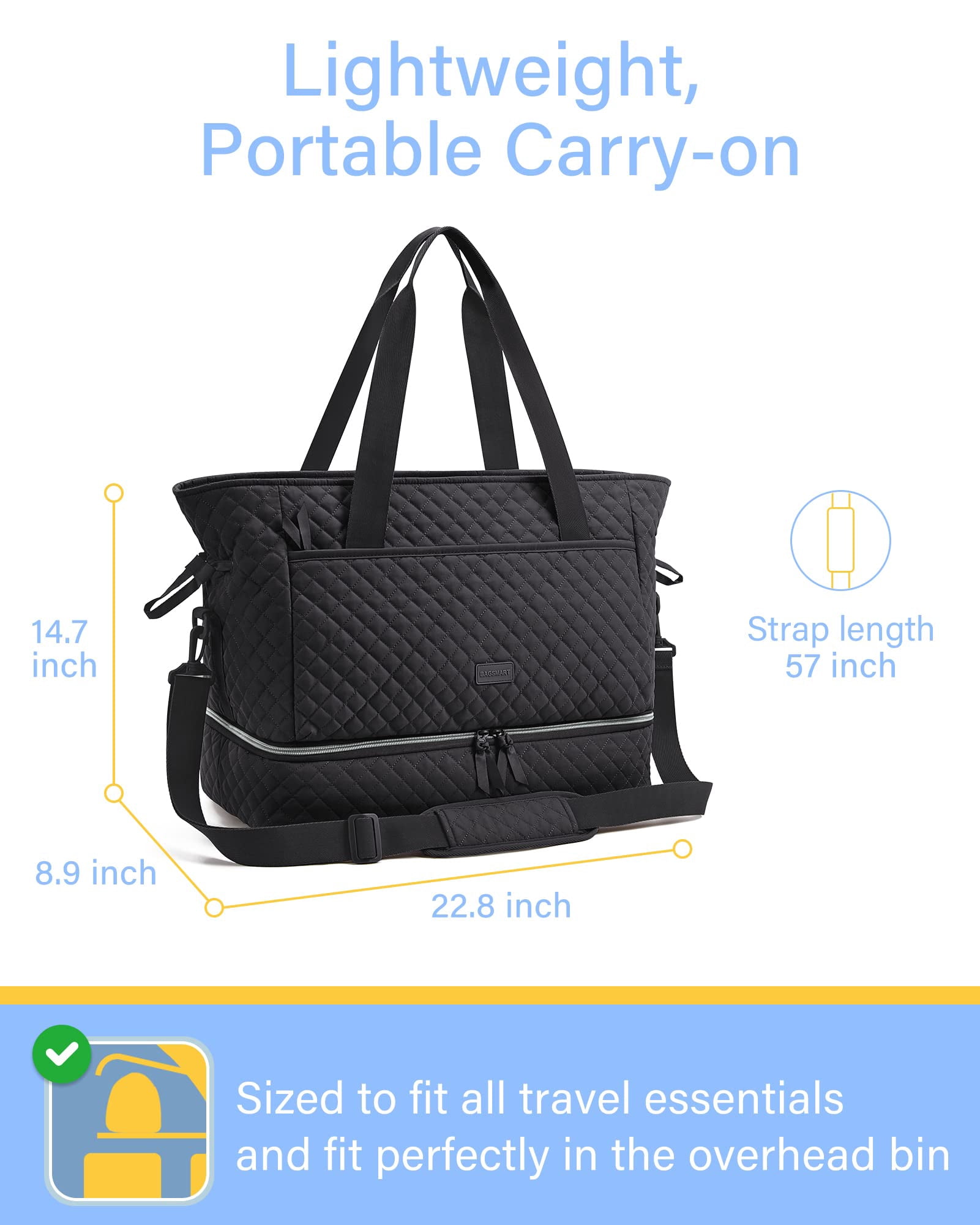 BAGSMART Weekender Overnight Bag, 39L Large Travel Duffle Tote Bag, Fashion Carry On Gym Bag Water-Resistant Shoulder Handbags with Shoe Compartment, Black