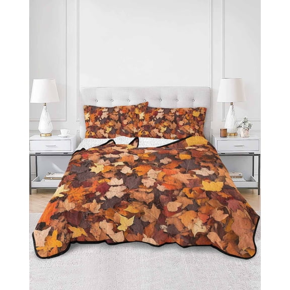 Quilts Full Size, Maple Leaf Autumn Soft Comforter Bedding Set for Bed, Farmhouse Fall Botanical Leaves Lightweight Quilted Bedspread with Pillow Cover(2 Pieces) for All Season, 78x90 Inch