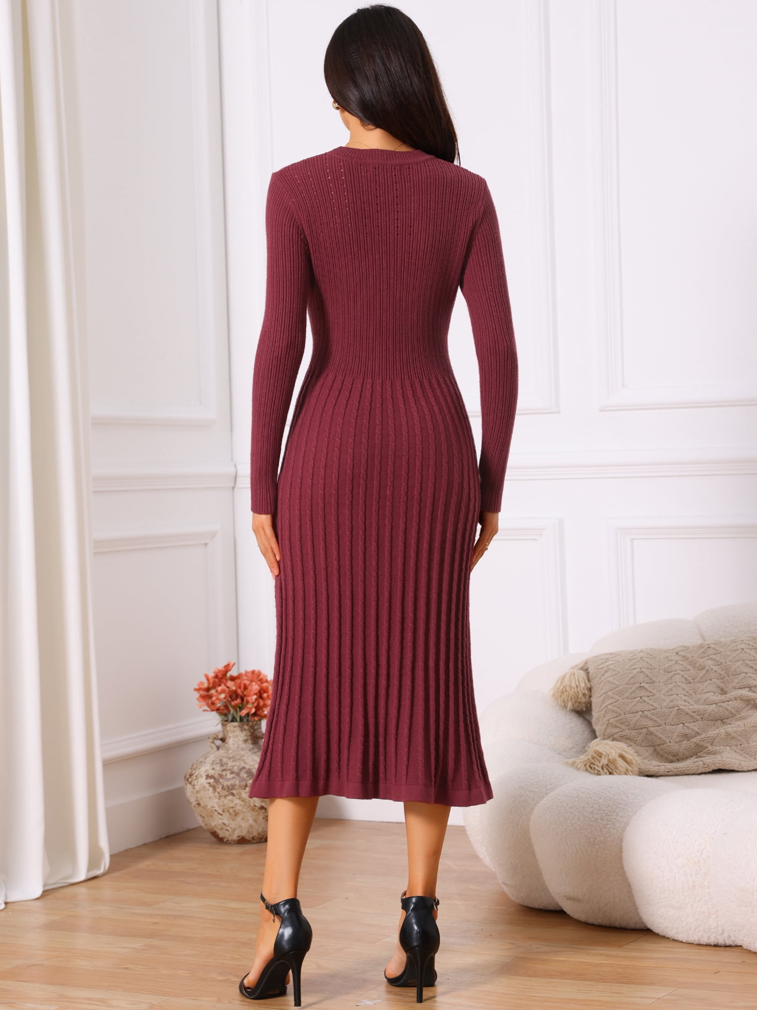 DARING DIVA Women's Long Sleeve Sweater Fall Crewneck Ribbed Knit Dress S Wine Red
