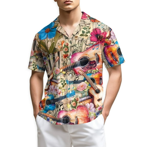 Netecom Flower Ukulele Hawaiian Shirt for Men, Vintage Style, Button Down Summer Beach Short Sleeve, S-5XL
