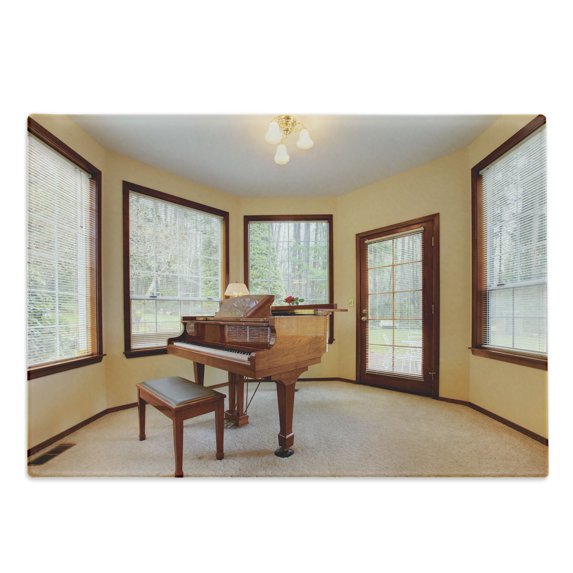 Antique Cutting Board, Round Room with Piano Lots of Windows Classic Architecture Furnished, Decorative Tempered Glass Cutting and Serving Board, Large Size, Brown Pale Yellow White, by Ambesonne