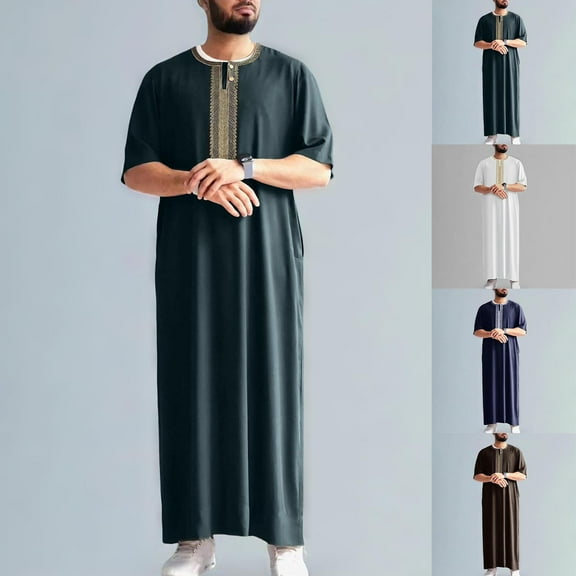 cllios Mens Kaftan Thobe Long Sleeve Crewneck Outfit Medieval Loose Casual Robe Muslim Robe for Men
