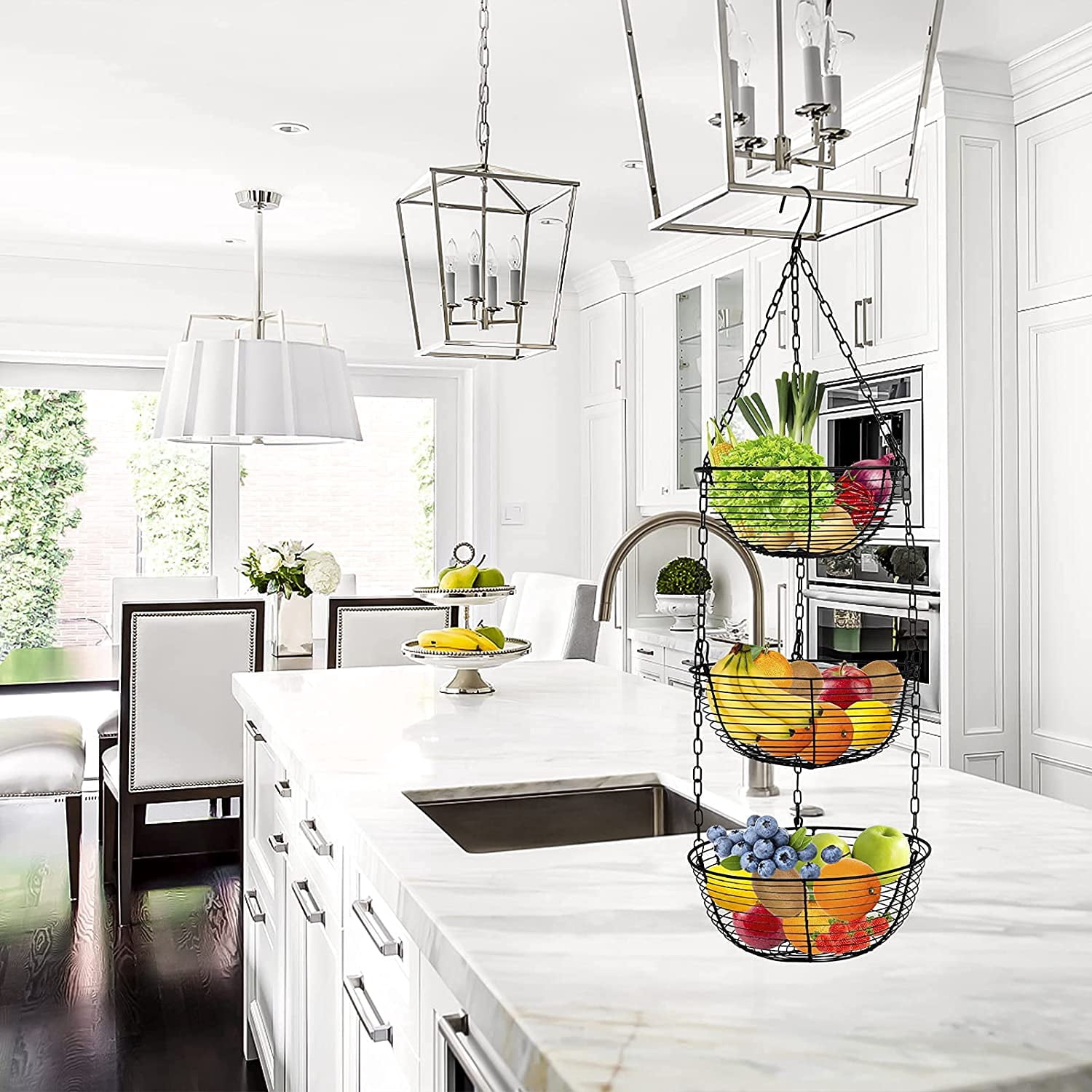 Codream 3 Tier Hanging Fruit Basket, Wire Vegetable Produce Basket for Kitchen, Heavy Duty Fruit Storage Organizer Black Fruit Holder