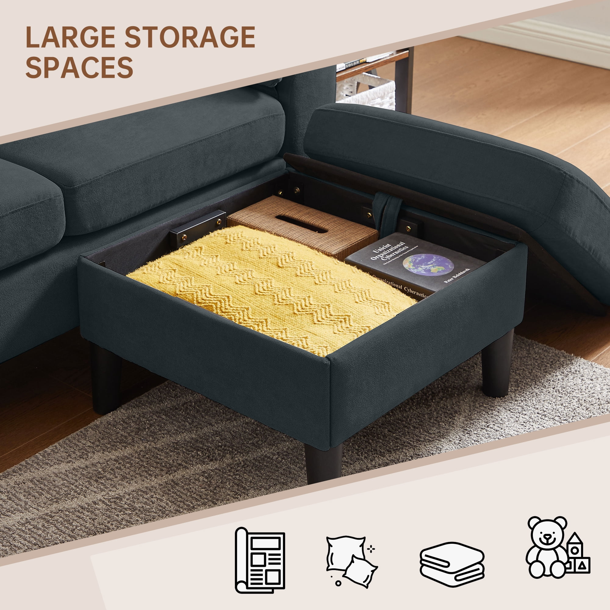 Pingliang Home 80" Sectional Sofa Couch,L Shaped 3 Seat with Reversible Storage Ottoman and Side Pockets, Modern Polyester Fabric Sofa Couches for Living Room Apartment Office Studio Small Space