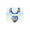 thumbnail image 2 of Meloria Swim and Fashion Light Blue with Leaf Print Padded Lantern Sleeve v-neck Fril Trim Backless Retro Stylish Two-Piece Swimsuit, 2 of 5