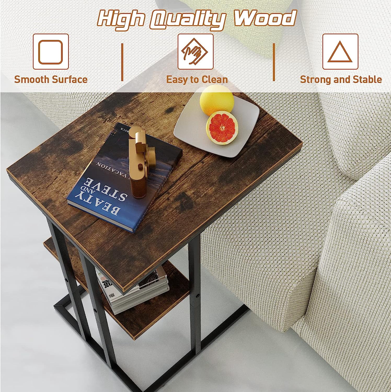 Aboxoo Indoor Rustic Stability Wood Metal End Table, Brown