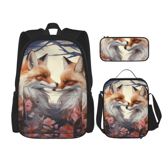 Lsque Romantic Flower Fox Pattern School Bag Set -Backpack with Pencil Case and Lunch Bag,3-in-1 School Bag,Kids Backpack Set for Boys and Girls